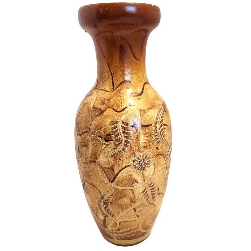 Asian Handmade Ceramic Vase With Raised Floral Design Brown Finish 10" Tall